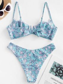 Hot Selling High Quality Bikini Floral High Cut Bikini Sets V-Wired Two Piece Swimsuit Bathing Suit (Option: S-Blue)