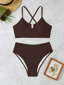 Women's Oversized Solid Color, Exposed Back Lace-up Bikini, Holiday Style Bikini (Option: Coffee colour-0XL)