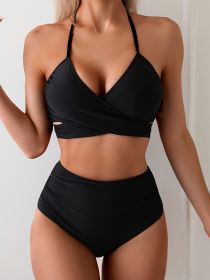 Women's Cross Halter Swimsuit Bikini Two-piece Solid Color Cross Bikini Chest (Option: Black-S)