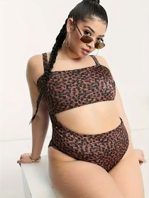 Women's Large-size One-piece Leopard-print Swimsuit With Asymmetrical Design, Beach Style (Option: 1XL-Coffee color)
