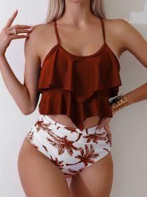 Women's Fashion Bikini Set, Sexy Tropical Print Double-layer Ruffled Two-piece Swimsuit, Bikini. (Option: S-Dark brown)